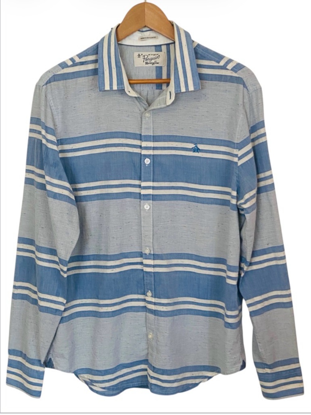 Original Penguin Mens Heritage Slim Fit Blue White Striped Button Down Shirt L